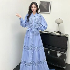 批发淑女风<b class='q'>蕾丝</b>拼接灯笼袖<b class='q'>连衣裙</b>女系带收腰单排扣宫廷风长裙