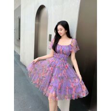 批发法式绝美碎花<b class='q'>网纱</b>连衣裙夏季女装高级感气质御姐炸街收腰中<b class='q'>长裙</b>