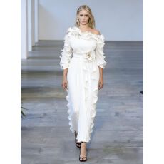 批发欧美<b class='q'>大码</b>雪纺晚礼服露肩荷叶边袖花朵舞会裙PlusSize Party Dress