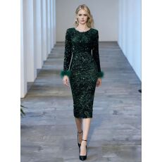 批发洋气亮片弹力修身羽毛长袖<b class='q'>连衣裙</b>女神盐系设计派对礼裙