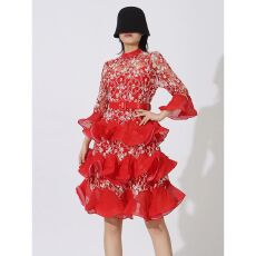 批发欧美气质名媛晚宴礼服新款<b class='q'>刺绣</b>荷叶边喇叭袖修身<b class='q'>连衣裙</b>女