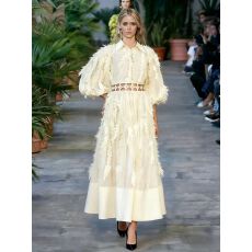 批发外贸气质泡泡袖钉钻翻领流苏羽毛腰部<b class='q'>镂空</b>时髦单排扣衬衫<b class='q'>连衣裙</b>女