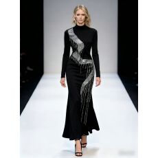 批发欧美小众名媛重工烫钻收腰高领长袖<b class='q'>连衣裙</b>女秋冬修身显瘦优雅长裙