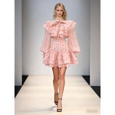 批发点印花系带荷叶边衬衫上衣+高腰短半裙显瘦设计感套装