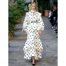 批发澳洲新款爆款衬衫波点黑白花边灯笼袖秀款礼服