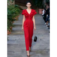 批发独特别致设计感v领荷叶边高腰阔腿短袖长裤一件式连体连衣裤女