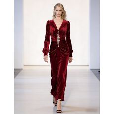 批发气质<b class='q'>复古</b>丝绒优雅显瘦修身包裙灯笼袖V领连衣裙