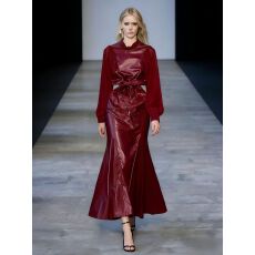 批发欧美ins小众洋气高级感PU皮拼接网纱长袖收腰显瘦鱼尾连衣裙<b class='q'>礼服</b>