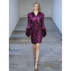 批发韩版V领亮面立体大花朵<b class='q'>连衣裙</b>女长袖小众收腰显瘦褶皱A字裙