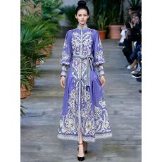 批发新款<b class='q'>灯笼</b>袖翻领单排扣印花<b class='q'>连衣裙</b>女收腰大摆宫廷风长裙子潮