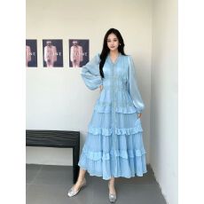 批发法式优雅小众时尚重工烫钻蕾丝拼接V领<b class='q'>灯笼</b>袖荷叶边<b class='q'>连衣裙</b>女长裙