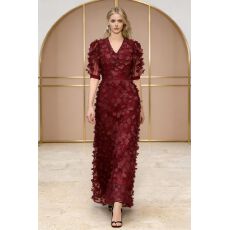 批发女士深V领舞会晚礼服 泡泡短袖立体花朵饰网布礼服