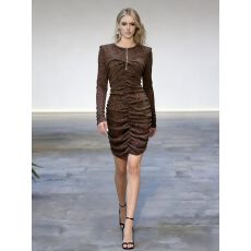 批发褶皱修身显瘦豹纹<b class='q'>连衣裙</b>性感包臀圆领长袖短裙