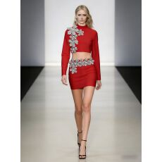 批发新款长袖花钻高领绷带上衣和短包臀裙两件套气质派对宴会晚礼服