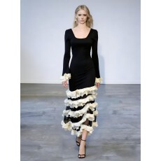 批发小众设计款法式优雅撞色荷叶边拼接修身长裙显身材度假礼服裙