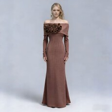 批发欧美款一字单肩长袖花朵褶皱设计感显瘦长款绷带礼服<b class='q'>连衣裙</b>女