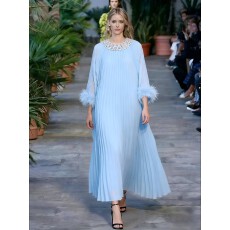 批发轻奢重工钉珠镶钻圆领拼接毛毛<b class='q'>长袖</b><b class='q'>连衣裙</b>女高端名媛优雅百褶长裙