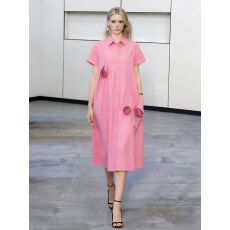 批发法式文艺不对称设计感立体花朵小翻领<b class='q'>连衣裙</b>宽松清新短袖气质长裙