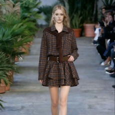 批发<b class='q'>复古</b>撞色格纹polo领收腰衬衫裙长袖连衣短裙针织披肩套装女