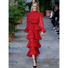 批发新款<b class='q'>波点</b>图案褶饰层叠裙摆长款<b class='q'>连衣裙</b>