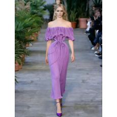 批发法式一字肩<b class='q'>荷叶边</b>系带<b class='q'>连衣裙</b>女夏收腰显瘦气质压褶长裙度假风