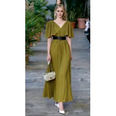 批发<b class='q'>轻熟</b>风V领泡泡袖新款连衣裙女收腰显瘦百褶气质长裙通勤