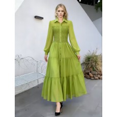 批发舒淇<b class='q'>同款</b>新款纯色褶皱收腰显瘦灯笼袖中长款衬衫<b class='q'>连衣裙</b>女气质裙子