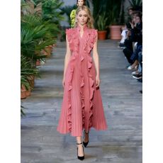 批发高级感新品秀场<b class='q'>同款</b>V领短袖荷叶边压折<b class='q'>连衣裙</b>年会夏季