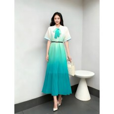 批发香港品牌<b class='q'>同款</b>轻奢收腰渐变晚礼服长款大摆褶皱<b class='q'>连衣裙</b>