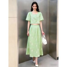 批发套装女新款浪漫方领蕾丝上衣A字半裙两件套