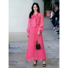 批发新款 女装 <b class='q'>欧美</b>风简约气质时尚压褶长袖蕾丝拼接长<b class='q'>裙</b>
