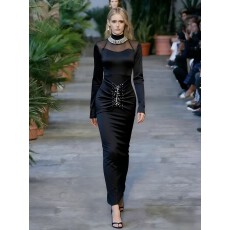 批发<b class='q'>欧美</b>ins轻奢性感网纱拼接圆领连衣<b class='q'>裙</b>女设计镶钻收腰优雅礼服长<b class='q'>裙</b>