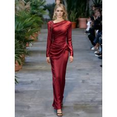 批发高级优雅感不对称褶皱连衣裙棕色<b class='q'>拖地</b>宴会裙礼服<b class='q'>长裙</b>