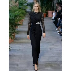 批发<b class='q'>欧美</b>风名媛高级感轻奢镶钻长袖连衣<b class='q'>裙</b>女秋季网纱飘带修身优雅礼服