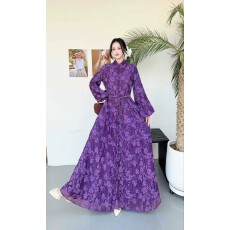 批发澳洲新款复古印花立领钉钻灯笼袖收腰系带大摆连衣裙长裙礼服