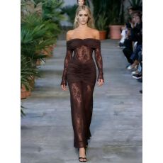 批发Chic Off Shoulder Maxi Dress Lace Bodycon<b class='q'>欧美</b>一字肩包臀长<b class='q'>裙</b>