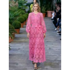 批发法式复古圆领<b class='q'>灯笼</b>袖镂空钩花蕾丝绑带收腰显瘦气质长款连衣<b class='q'>裙</b>