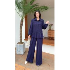 批发设计感翻领蕾丝木耳花边拼接宽松长袖衬衫女上衣+直筒裤俩件套