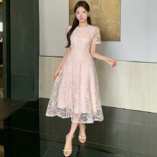 批发法式复古镂空刺绣收腰短袖连衣裙女显瘦气质时尚优雅长裙