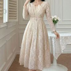批发优雅裙子蕾丝镂空花边圆领裙拼接减龄收腰显瘦连衣裙
