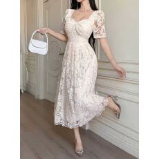 批发新款法式复古宫廷<b class='q'>风</b>修身蕾丝花朵气质V领收腰显瘦连衣裙