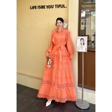 批发法式时尚温柔<b class='q'>风</b>灯笼袖刺绣系带长款立领单排扣连衣裙