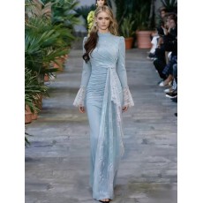 批发春季新款<b class='q'>欧美</b>跨境清新淡雅高贵长袖长裙柔美<b class='q'>礼服</b>连衣裙女