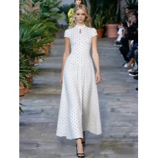 批发法式复古立领经典波点连衣裙 撞色腰带赫本<b class='q'>风</b>高腰A字大摆裙