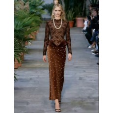 批发纯色高级感蕾丝立领长袖上衣+气质镶珍珠长裙优雅女性感俩件套