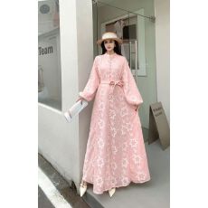 批发法式名媛温柔减龄重工蕾丝秀珠亮片翻领长裙女绑带收腰大摆连衣裙