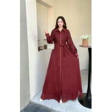 批发法式名媛高级感网纱刺绣翻领连衣裙女<b class='q'>春秋</b>单排扣收腰优雅大摆长裙