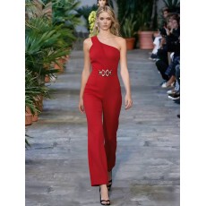 批发单肩阔腿连体裤 One Shoulder Sleeveless Metal Belt Jumpsuit