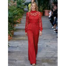 批发新款连衣裤女夏长袖红色拼接蕾丝高腰气质女神范连体裤高级感