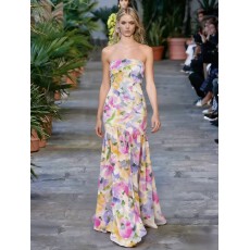 批发度假欧美夏季新款优雅抹胸网纱印花收腰无袖褶边连衣裙